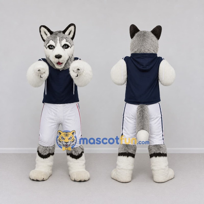 Custom Gray White and Navy Blue Husky in Sportswear Mascot Costume Adult Full Body Suit for Sports Events Custom Gray White and Navy Blue Husky in Sportswear Mascot Costume Adult Full Body Suit for Sports Events