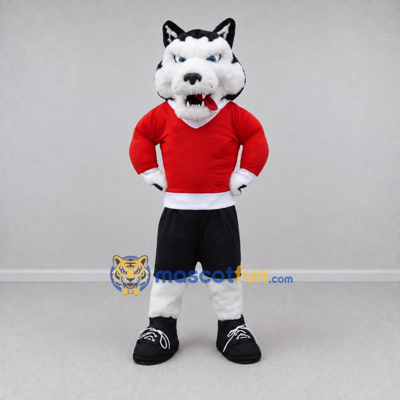Custom Black White and Red Husky in Sportswear Mascot Costume Adult Full Body Suit for Sports Events Custom Black White and Red Husky in Sportswear Mascot Costume Adult Full Body Suit for Sports Events