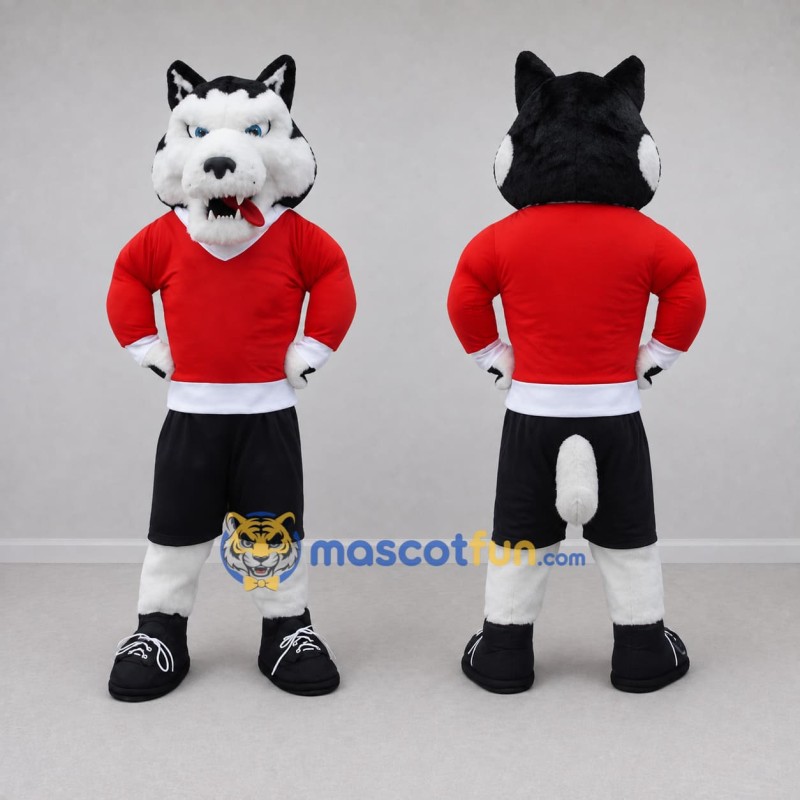 Custom Black White and Red Husky in Sportswear Mascot Costume Adult Full Body Suit for Sports Events Custom Black White and Red Husky in Sportswear Mascot Costume Adult Full Body Suit for Sports Events