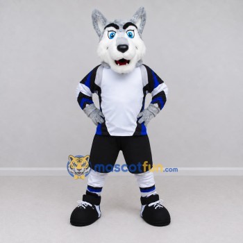 Custom Gray White and Blue Wolf in Sportswear Mascot Costume Adult Full Body Suit for Sports Events Custom Gray White and Blue Wolf in Sportswear Mascot Costume Adult Full Body Suit for Sports Events