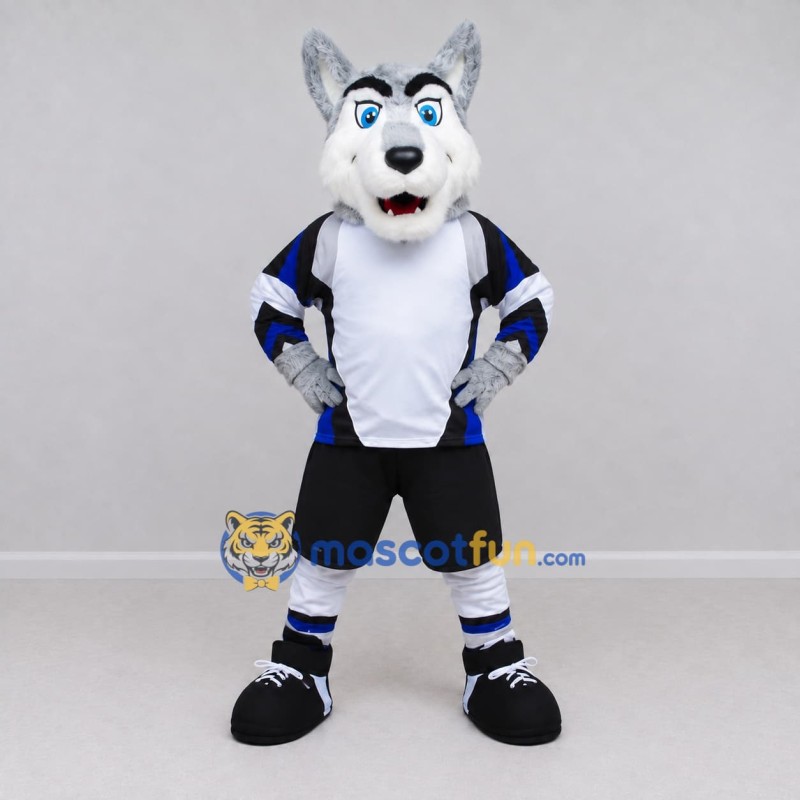 Custom Gray White and Blue Wolf in Sportswear Mascot Costume Adult Full Body Suit for Sports Events Custom Gray White and Blue Wolf in Sportswear Mascot Costume Adult Full Body Suit for Sports Events