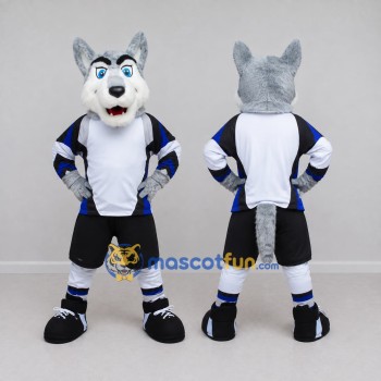 Custom Gray White and Blue Wolf in Sportswear Mascot Costume Adult Full Body Suit for Sports Events