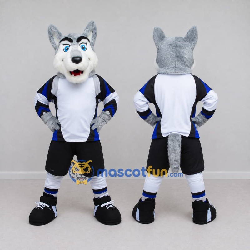 Custom Gray White and Blue Wolf in Sportswear Mascot Costume Adult Full Body Suit for Sports Events Custom Gray White and Blue Wolf in Sportswear Mascot Costume Adult Full Body Suit for Sports Events