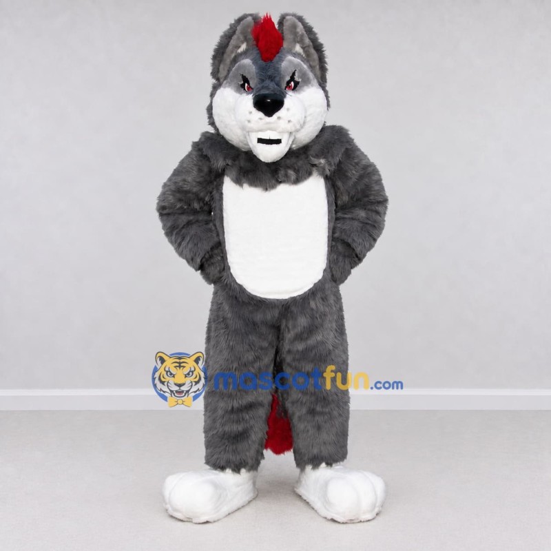 Custom Gray White and Red Canine Character Mascot Costume Adult Full Body Suit for School Events Custom Gray White and Red Canine Character Mascot Costume Adult Full Body Suit for School Events