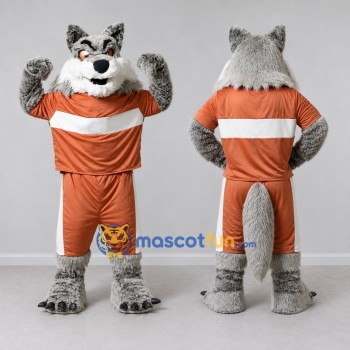 Custom Gray and Orange Wolf in Sportswear Mascot Costume Adult Full Body Suit for Sports Events