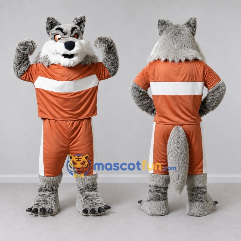 Custom Gray and Orange Wolf in Sportswear Mascot Costume Adult Full Body Suit for Sports Events Custom Gray and Orange Wolf in Sportswear Mascot Costume Adult Full Body Suit for Sports Events