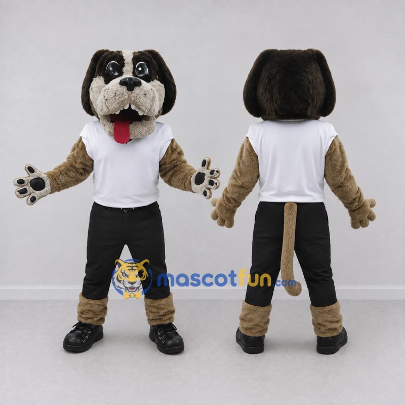 Custom Brown White and Black Dog in Sportswear Mascot Costume Adult Full Body Suit for Sports Events Custom Brown White and Black Dog in Sportswear Mascot Costume Adult Full Body Suit for Sports Events