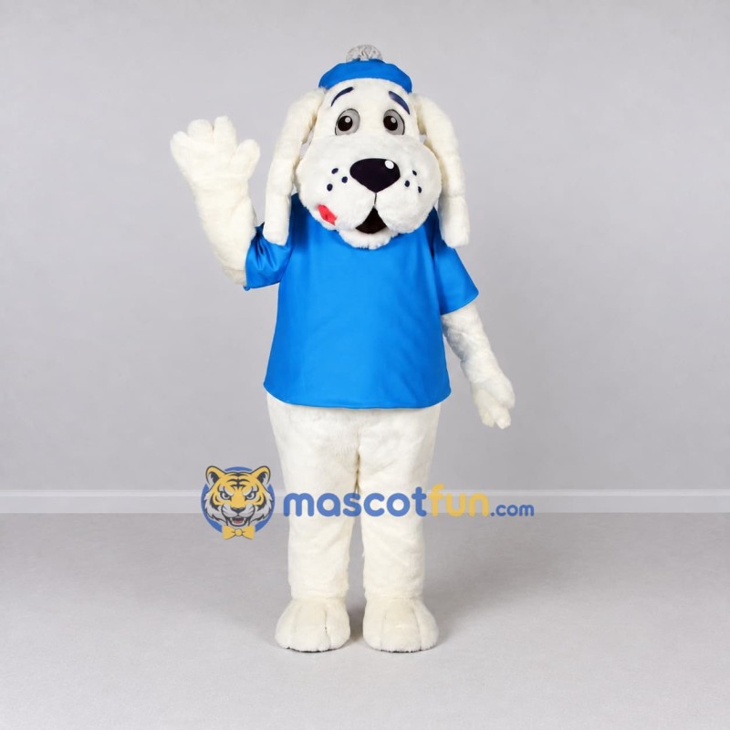 Custom White and Blue Dog in Cap and T Shirt Mascot Costume Adult Full Body Suit for School Events Custom White and Blue Dog in Cap and T Shirt Mascot Costume Adult Full Body Suit for School Events