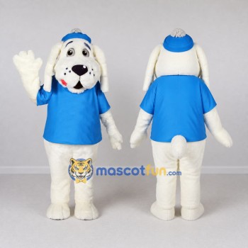 Custom White and Blue Dog in Cap and T Shirt Mascot Costume Adult Full Body Suit for School Events