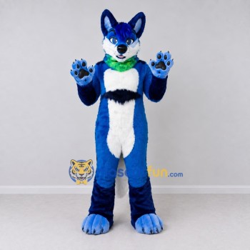 Custom Blue and White Canine Character with Bandana Mascot Costume Adult Full Body Suit for School Events