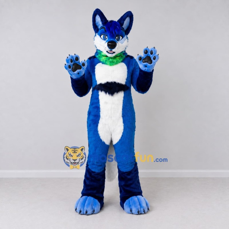 Custom Blue and White Canine Character with Bandana Mascot Costume Adult Full Body Suit for School Events Custom Blue and White Canine Character with Bandana Mascot Costume Adult Full Body Suit for School Events
