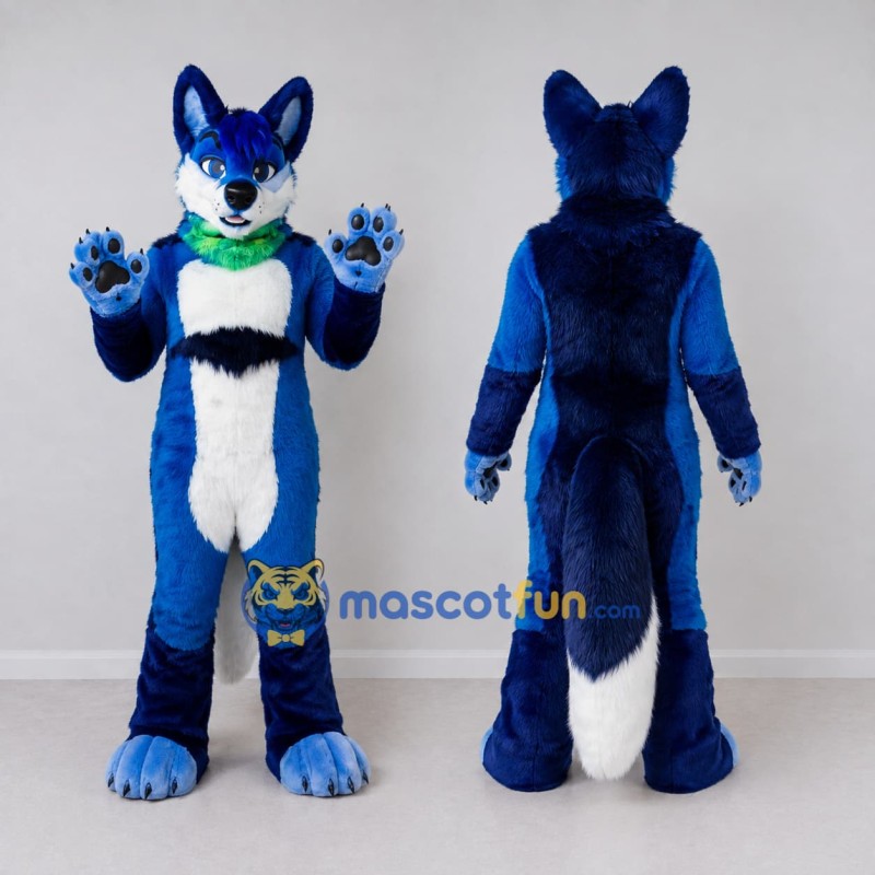 Custom Blue and White Canine Character with Bandana Mascot Costume Adult Full Body Suit for School Events Custom Blue and White Canine Character with Bandana Mascot Costume Adult Full Body Suit for School Events
