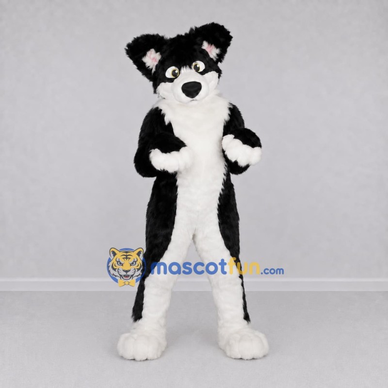 Custom Black and White Canine Character Mascot Costume Adult Full Body Suit for School Events Custom Black and White Canine Character Mascot Costume Adult Full Body Suit for School Events