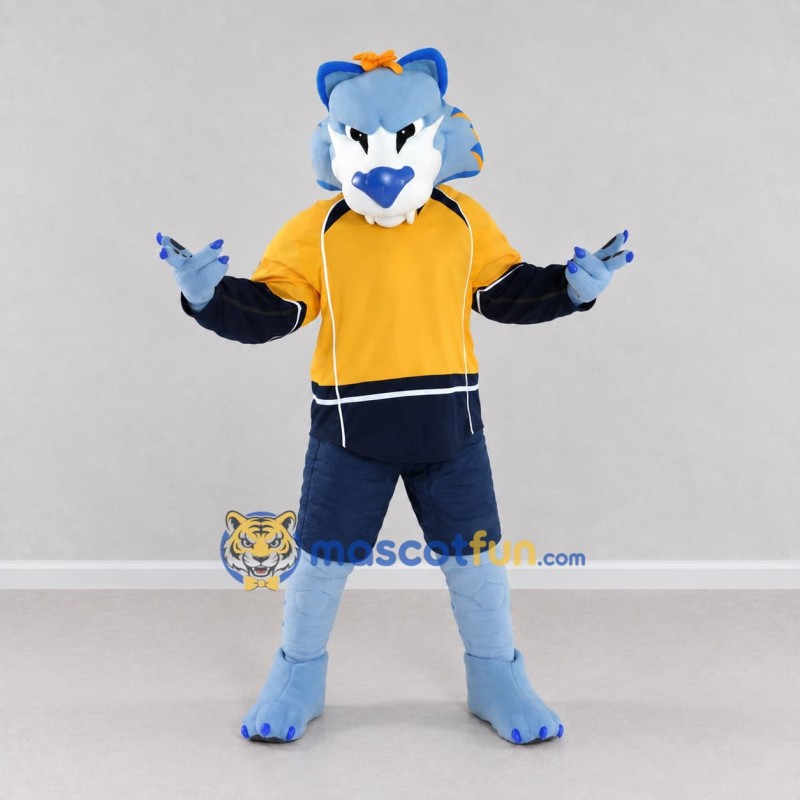 Custom Light Blue Yellow and Navy Blue Wolf in Sportswear Mascot Costume Adult Full Body Suit for Sports Events Custom Light Blue Yellow and Navy Blue Wolf in Sportswear Mascot Costume Adult Full Body Suit for Sports Events