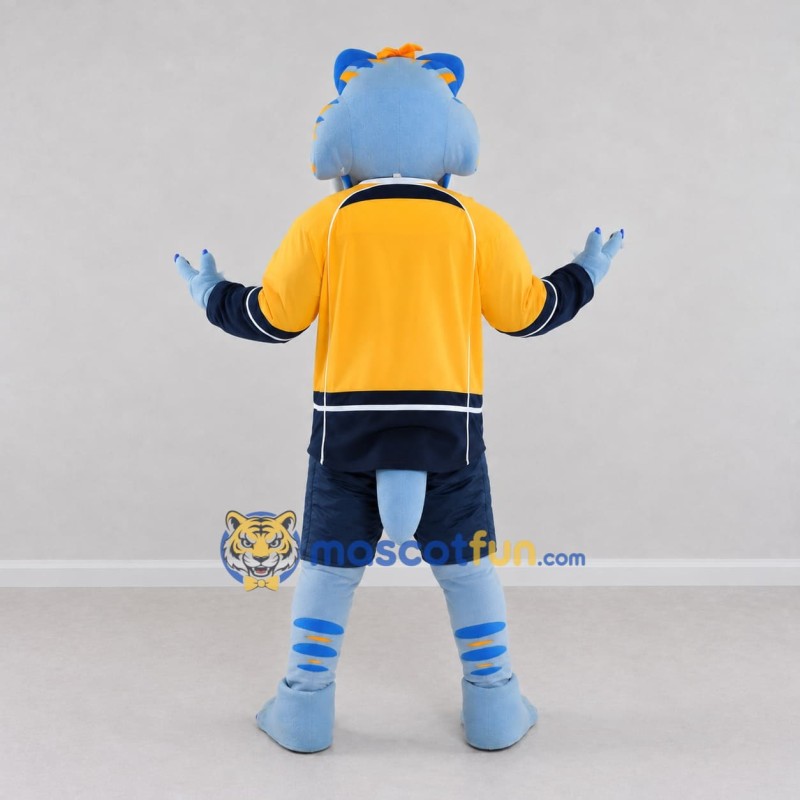 Custom Light Blue Yellow and Navy Blue Wolf in Sportswear Mascot Costume Adult Full Body Suit for Sports Events Custom Light Blue Yellow and Navy Blue Wolf in Sportswear Mascot Costume Adult Full Body Suit for Sports Events