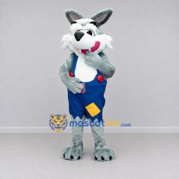 Custom Gray and Blue Wolf in Overalls Mascot Costume Adult Full Body Suit for Themed Parties Custom Gray and Blue Wolf in Overalls Mascot Costume Adult Full Body Suit for Themed Parties