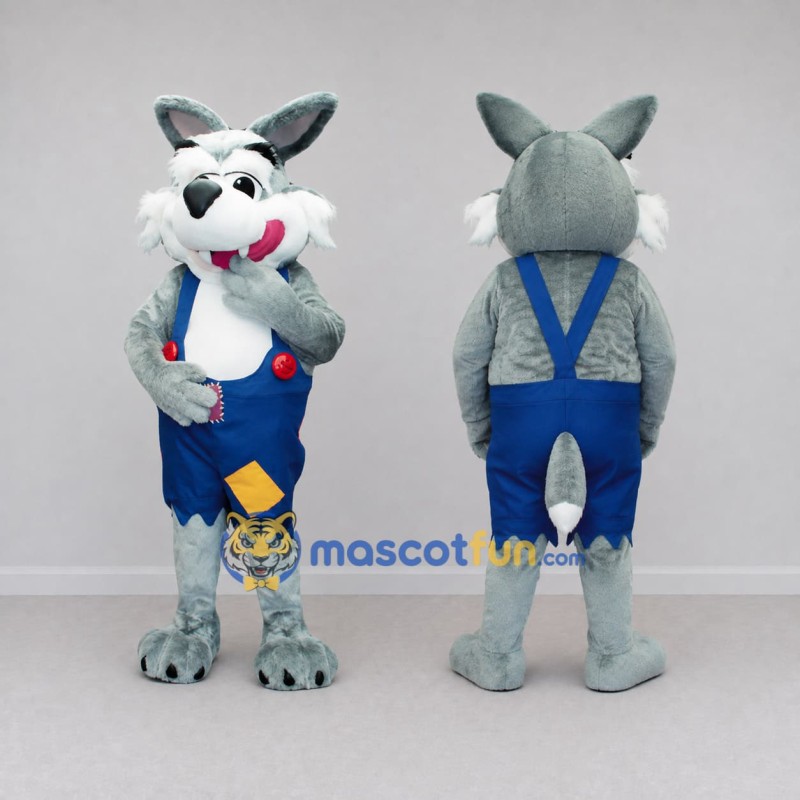 Custom Gray and Blue Wolf in Overalls Mascot Costume Adult Full Body Suit for Themed Parties Custom Gray and Blue Wolf in Overalls Mascot Costume Adult Full Body Suit for Themed Parties