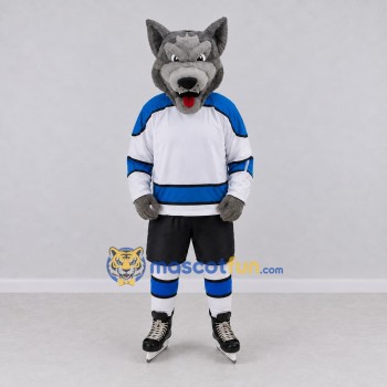 Custom Gray White and Blue Wolf in Hockey Jersey Mascot Costume Adult Full Body Suit for Sports Events Custom Gray White and Blue Wolf in Hockey Jersey Mascot Costume Adult Full Body Suit for Sports Events