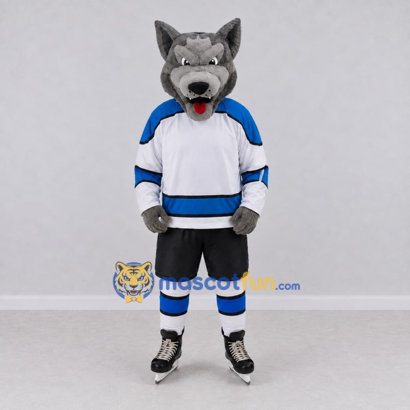 Custom Gray White and Blue Wolf in Hockey Jersey Mascot Costume Adult Full Body Suit for Sports Events Custom Gray White and Blue Wolf in Hockey Jersey Mascot Costume Adult Full Body Suit for Sports Events