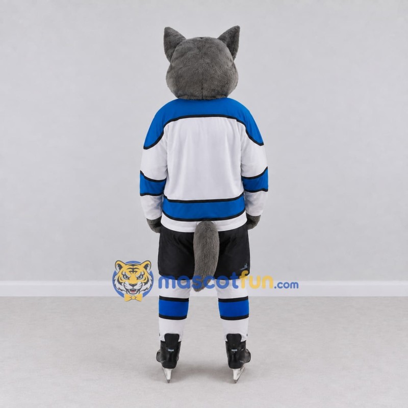 Custom Gray White and Blue Wolf in Hockey Jersey Mascot Costume Adult Full Body Suit for Sports Events Custom Gray White and Blue Wolf in Hockey Jersey Mascot Costume Adult Full Body Suit for Sports Events