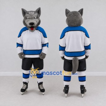 Custom Gray White and Blue Wolf in Hockey Jersey Mascot Costume Adult Full Body Suit for Sports Events