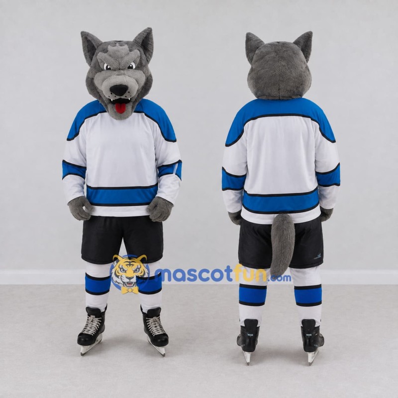 Custom Gray White and Blue Wolf in Hockey Jersey Mascot Costume Adult Full Body Suit for Sports Events Custom Gray White and Blue Wolf in Hockey Jersey Mascot Costume Adult Full Body Suit for Sports Events