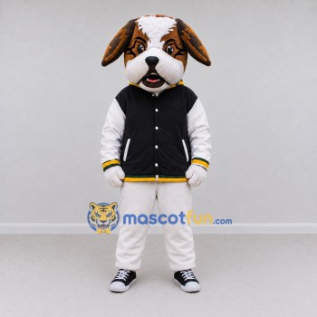 Custom Brown Black and White Dog in Varsity Jacket Mascot Costume Adult Full Body Suit for School Events