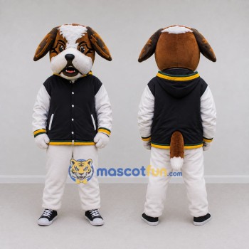 Custom Brown Black and White Dog in Varsity Jacket Mascot Costume Adult Full Body Suit for School Events