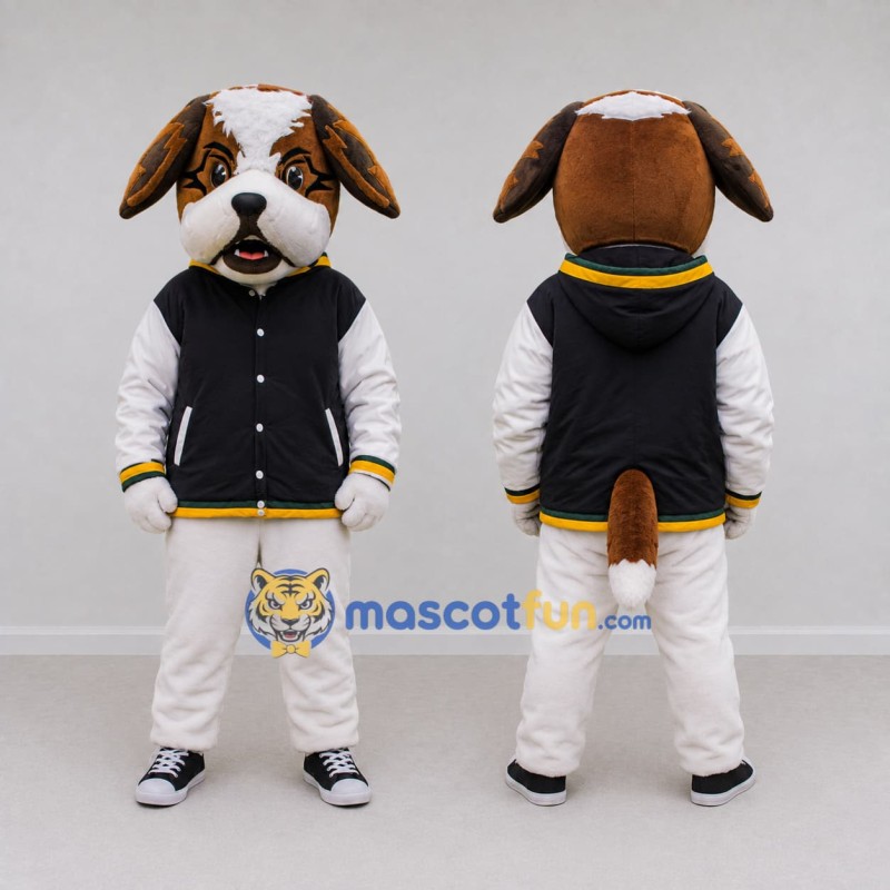 Custom Brown Black and White Dog in Varsity Jacket Mascot Costume Adult Full Body Suit for School Events