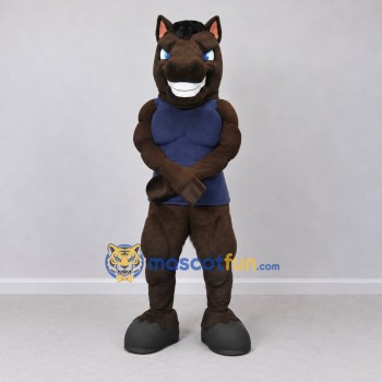Custom Dark Brown and Navy Blue Muscular Horse in Shirt Mascot Costume Adult Full Body Suit for Sports Events