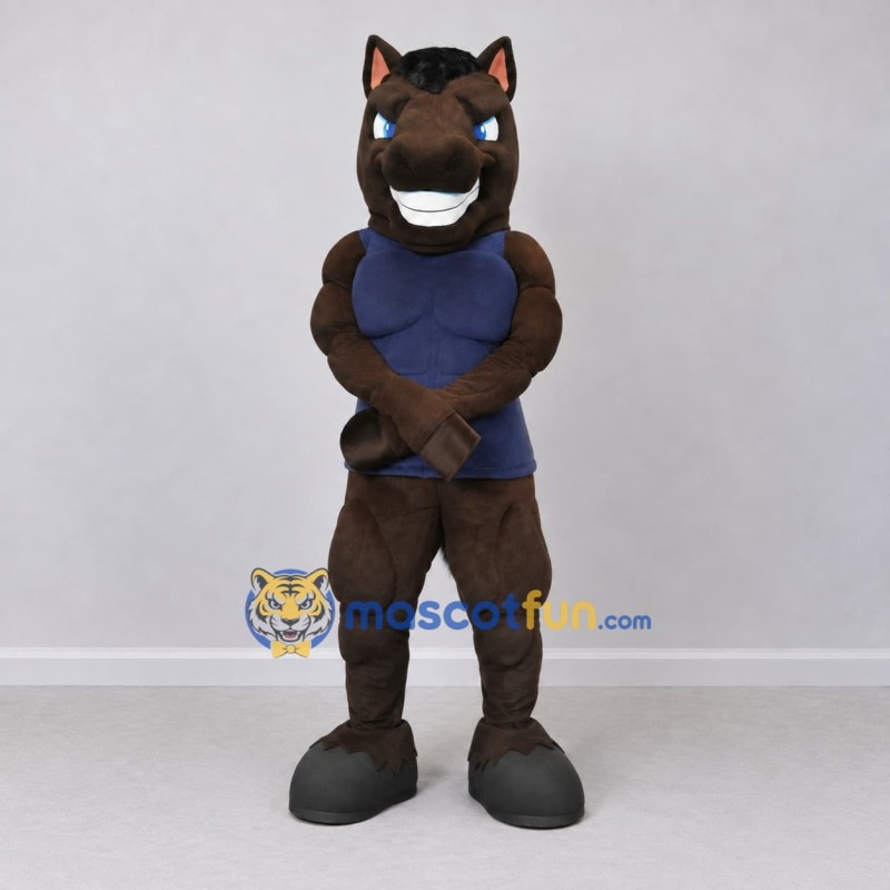 Custom Dark Brown and Navy Blue Muscular Horse in Shirt Mascot Costume Adult Full Body Suit for Sports Events Custom Dark Brown and Navy Blue Muscular Horse in Shirt Mascot Costume Adult Full Body Suit for Sports Events