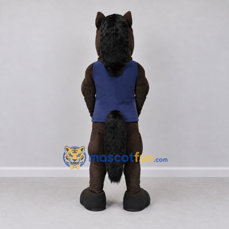 Custom Dark Brown and Navy Blue Muscular Horse in Shirt Mascot Costume Adult Full Body Suit for Sports Events Custom Dark Brown and Navy Blue Muscular Horse in Shirt Mascot Costume Adult Full Body Suit for Sports Events
