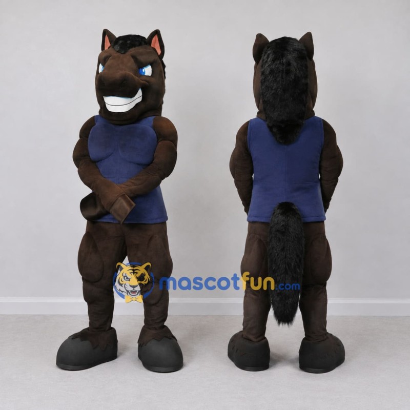 Custom Dark Brown and Navy Blue Muscular Horse in Shirt Mascot Costume Adult Full Body Suit for Sports Events Custom Dark Brown and Navy Blue Muscular Horse in Shirt Mascot Costume Adult Full Body Suit for Sports Events