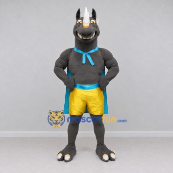 Custom Gray Blue and Yellow Rhino Superhero Mascot Costume Adult Full Body Suit for Themed Parties Custom Gray Blue and Yellow Rhino Superhero Mascot Costume Adult Full Body Suit for Themed Parties