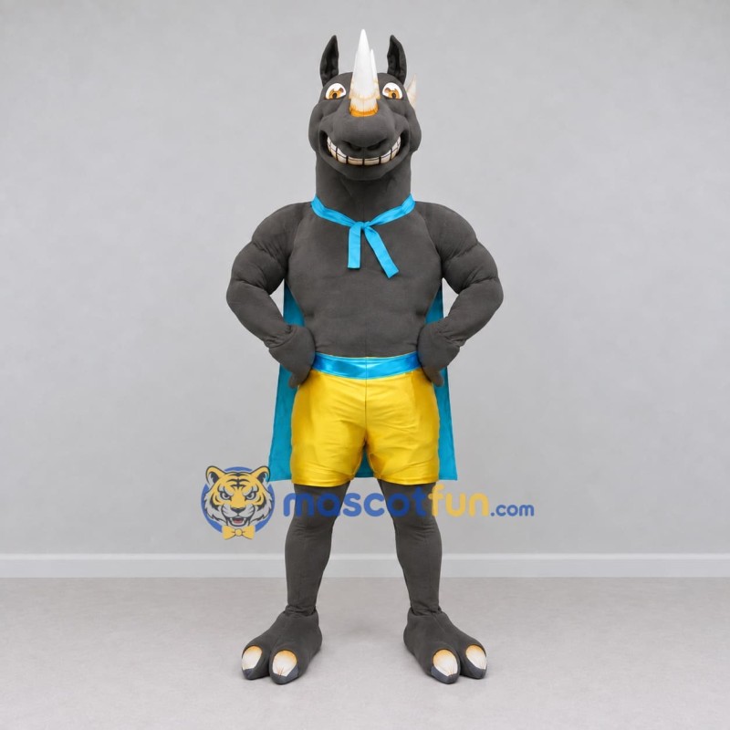 Custom Gray Blue and Yellow Rhino Superhero Mascot Costume Adult Full Body Suit for Themed Parties Custom Gray Blue and Yellow Rhino Superhero Mascot Costume Adult Full Body Suit for Themed Parties