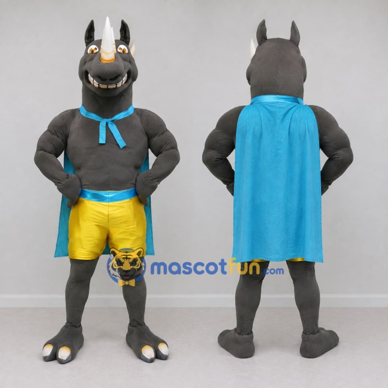 Custom Gray Blue and Yellow Rhino Superhero Mascot Costume Adult Full Body Suit for Themed Parties Custom Gray Blue and Yellow Rhino Superhero Mascot Costume Adult Full Body Suit for Themed Parties