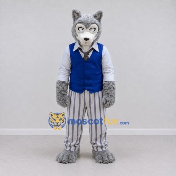 Custom Gray Blue and White Wolf in Vest Mascot Costume Adult Full Body Suit for Themed Parties Custom Gray Blue and White Wolf in Vest Mascot Costume Adult Full Body Suit for Themed Parties
