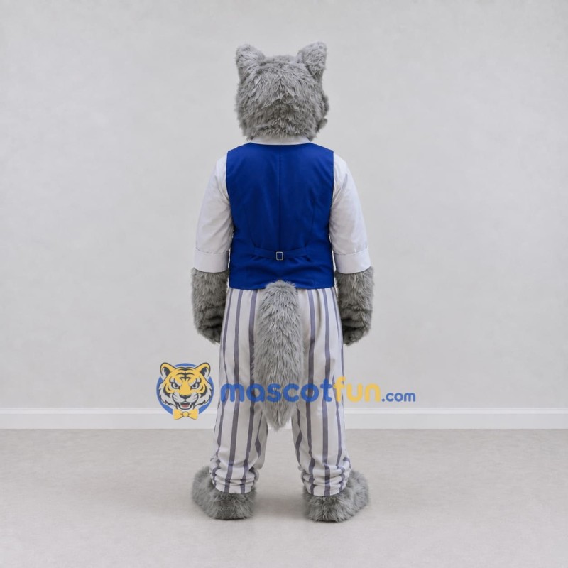 Custom Gray Blue and White Wolf in Vest Mascot Costume Adult Full Body Suit for Themed Parties Custom Gray Blue and White Wolf in Vest Mascot Costume Adult Full Body Suit for Themed Parties