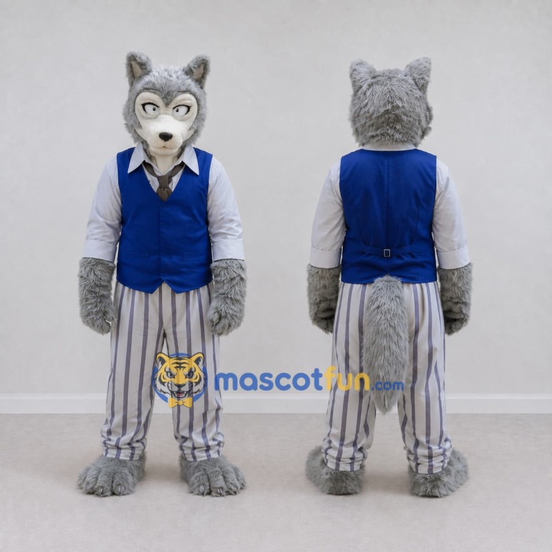 Custom Gray Blue and White Wolf in Vest Mascot Costume Adult Full Body Suit for Themed Parties Custom Gray Blue and White Wolf in Vest Mascot Costume Adult Full Body Suit for Themed Parties