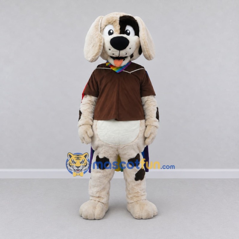Custom White Brown and Multicolor Dog with Rainbow Cape Mascot Costume Adult Full Body Suit for Parades Custom White Brown and Multicolor Dog with Rainbow Cape Mascot Costume Adult Full Body Suit for Parades