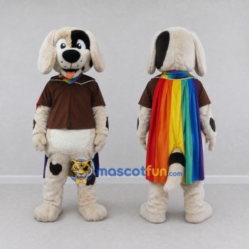 Custom White Brown and Multicolor Dog with Rainbow Cape Mascot Costume Adult Full Body Suit for Parades