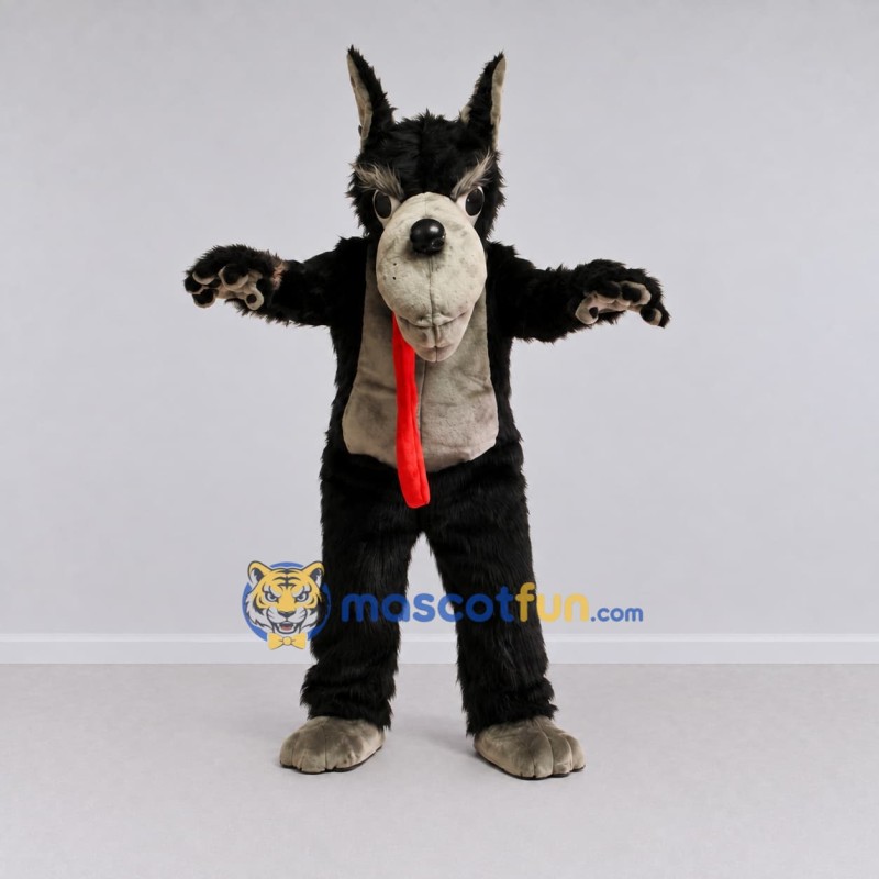 Custom Black Gray and Red Wolf with Tie Mascot Costume Adult Full Body Suit for Themed Parties Custom Black Gray and Red Wolf with Tie Mascot Costume Adult Full Body Suit for Themed Parties