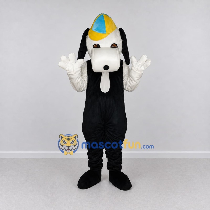 Custom Black White and Yellow Dog in Cap Mascot Costume Adult Full Body Suit for School Events Custom Black White and Yellow Dog in Cap Mascot Costume Adult Full Body Suit for School Events