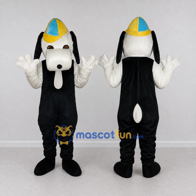 Custom Black White and Yellow Dog in Cap Mascot Costume Adult Full Body Suit for School Events Custom Black White and Yellow Dog in Cap Mascot Costume Adult Full Body Suit for School Events