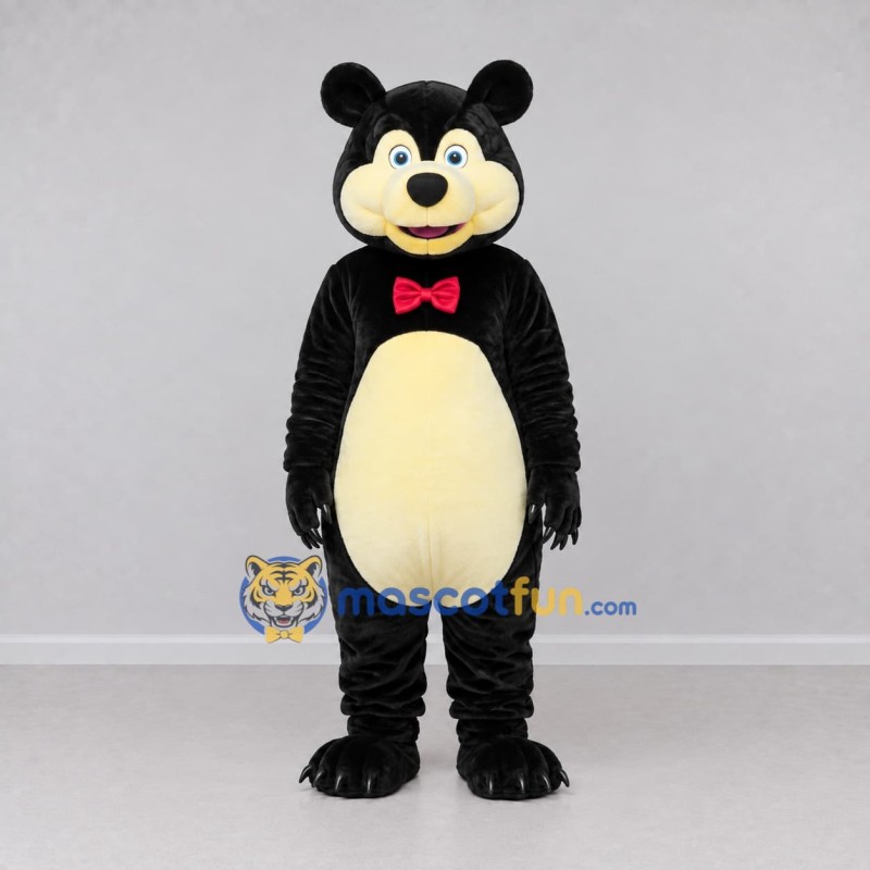 Custom Black and Cream Bear with Bow Tie Mascot Costume Adult Full Body Suit for School Events Custom Black and Cream Bear with Bow Tie Mascot Costume Adult Full Body Suit for School Events