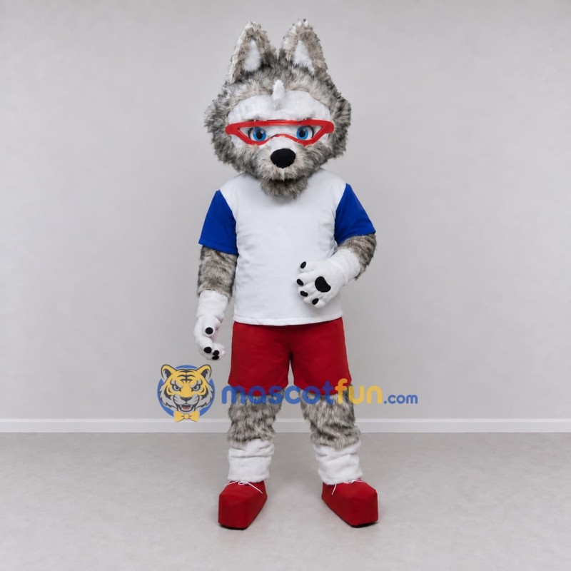 Custom Gray White and Red Wolf in Sportswear Mascot Costume Adult Full Body Suit for Sports Events Custom Gray White and Red Wolf in Sportswear Mascot Costume Adult Full Body Suit for Sports Events