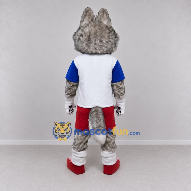 Custom Gray White and Red Wolf in Sportswear Mascot Costume Adult Full Body Suit for Sports Events Custom Gray White and Red Wolf in Sportswear Mascot Costume Adult Full Body Suit for Sports Events