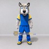 Custom Gray Blue and Yellow Wolf in Sportswear Mascot Costume Adult Full Body Suit for Sports Events Custom Gray Blue and Yellow Wolf in Sportswear Mascot Costume Adult Full Body Suit for Sports Events