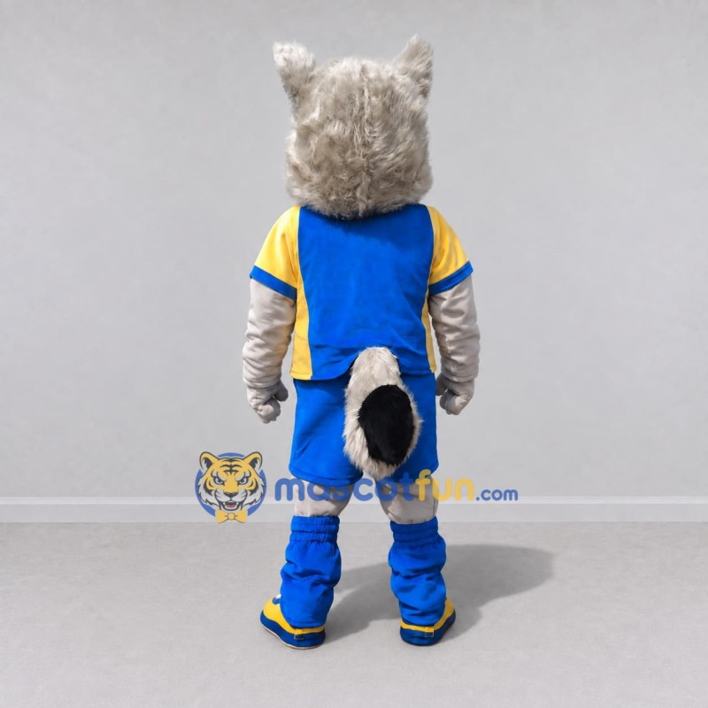 Custom Gray Blue and Yellow Wolf in Sportswear Mascot Costume Adult Full Body Suit for Sports Events Custom Gray Blue and Yellow Wolf in Sportswear Mascot Costume Adult Full Body Suit for Sports Events