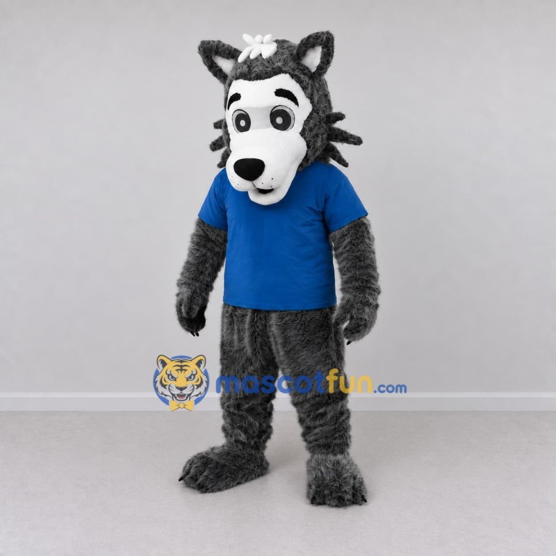 Custom Gray and Blue Wolf in T Shirt Mascot Costume Adult Full Body Suit for School Events Custom Gray and Blue Wolf in T Shirt Mascot Costume Adult Full Body Suit for School Events